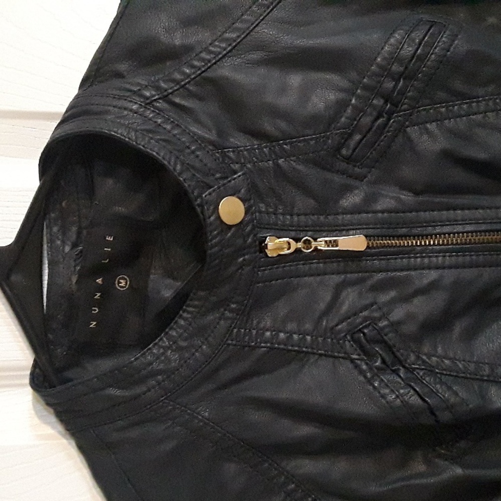 Faux Leather dark Navy Moto Jacket Bought in Italy - Quality! Vegan Gold zip S - Picture 12 of 15